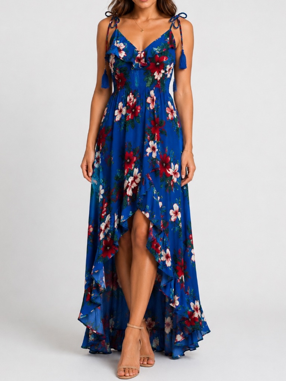 Blue Floral High-Low Maxi Dress with Tie Straps
